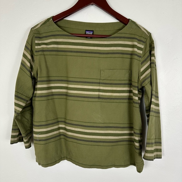 Patagonia 100% Cotton Olive Striped Long Sleeve Tee M - Picture 1 of 4
